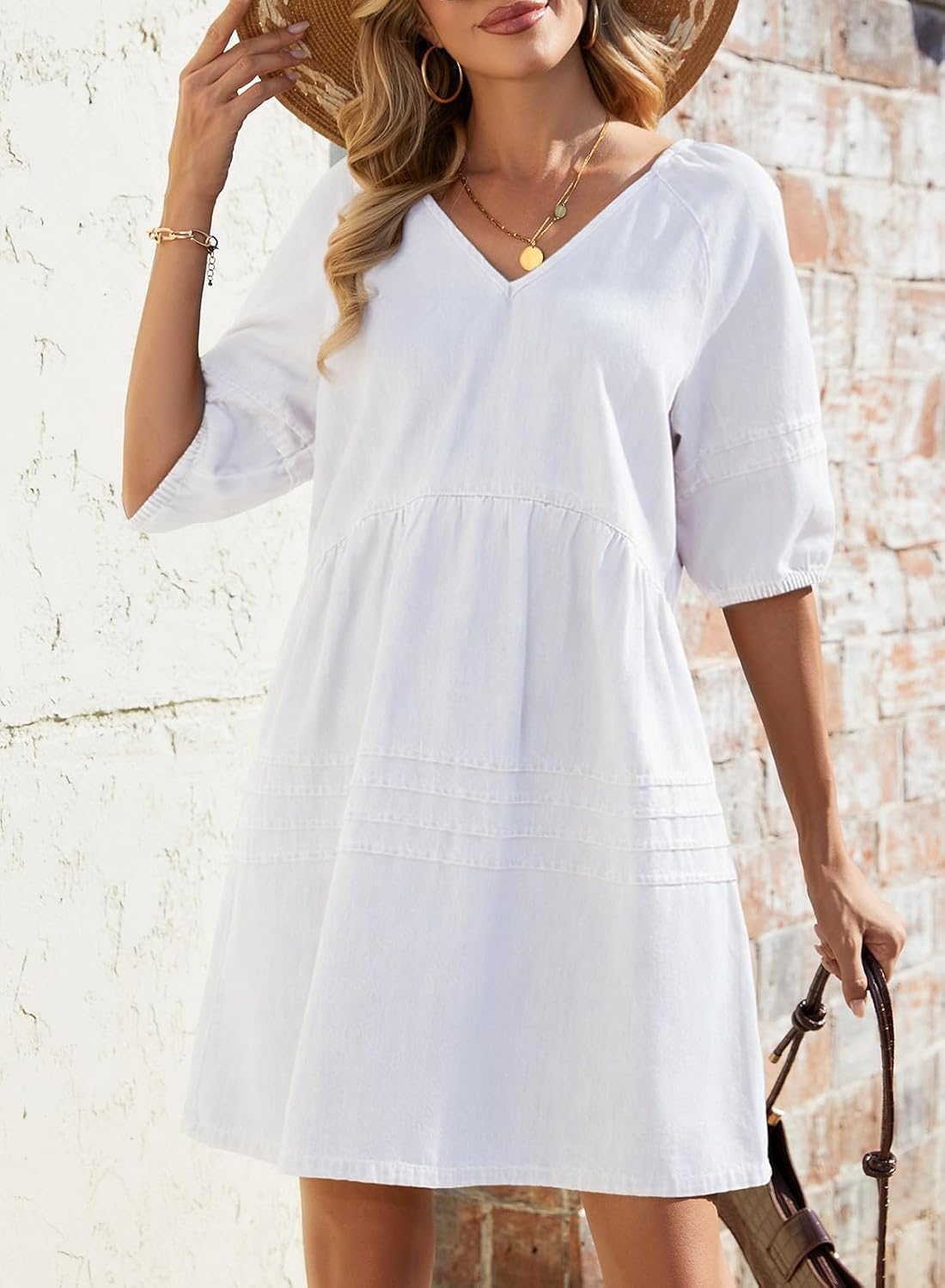 Dress for Women Casual V Neck Puff Short Sleeve Mini Jean Dress Cute Back Tie Summer Dresses