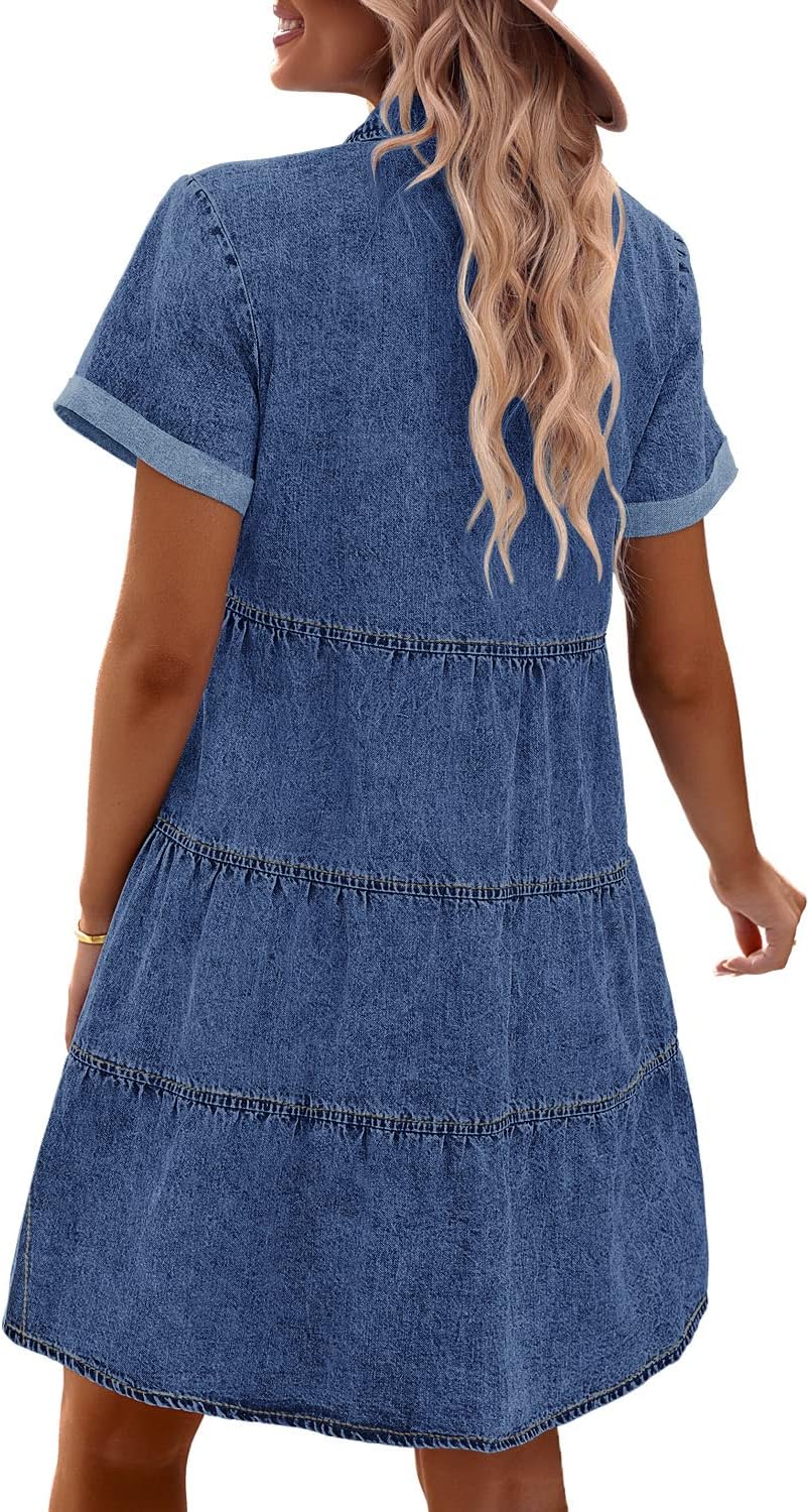 Dress for Women Babydoll Tiered Short Sleeve Button Down Jean Shirt Dresses Dress for Women Babydoll Tiered Short Sleeve Button Down Jean Shirt Dresses