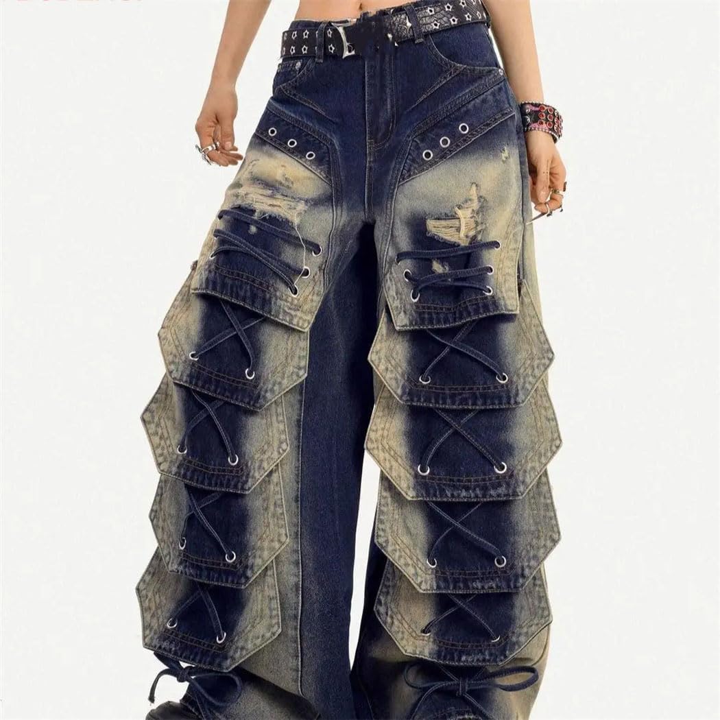 Women's Embroidered Irregular High-Rise Oversized Wide-Leg Jeans Retro Streetwear for Personalized Bold Looks