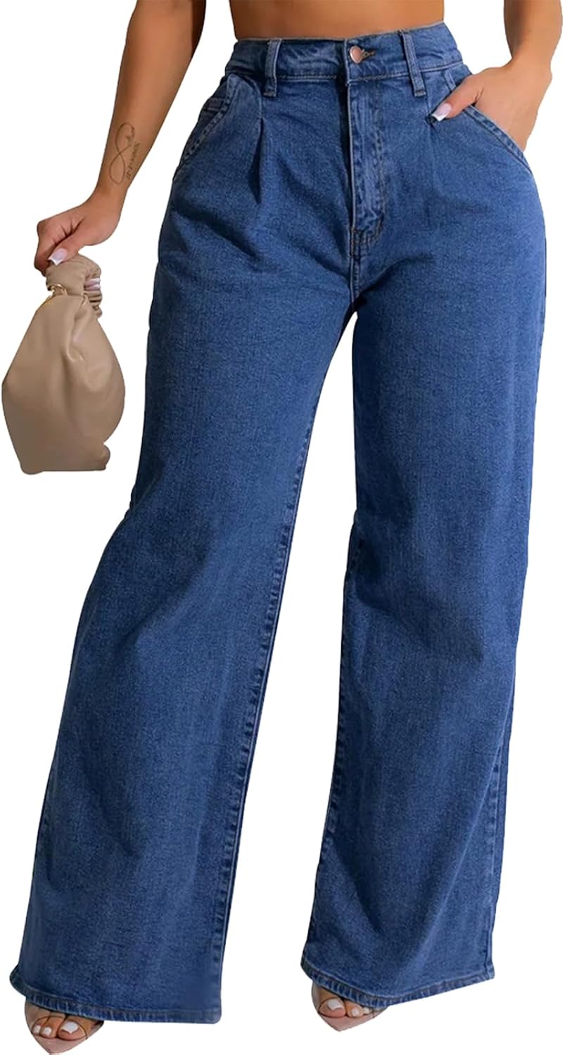 Women's Wide Leg Jeans Casual Stretch High Rise Baggy Loose Pants