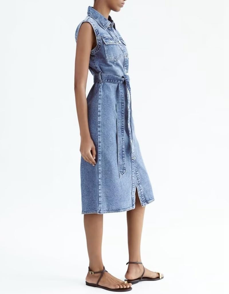 Dress for Women Casual Sleeveless Belted Button Down Midi Jean Dresses for Women