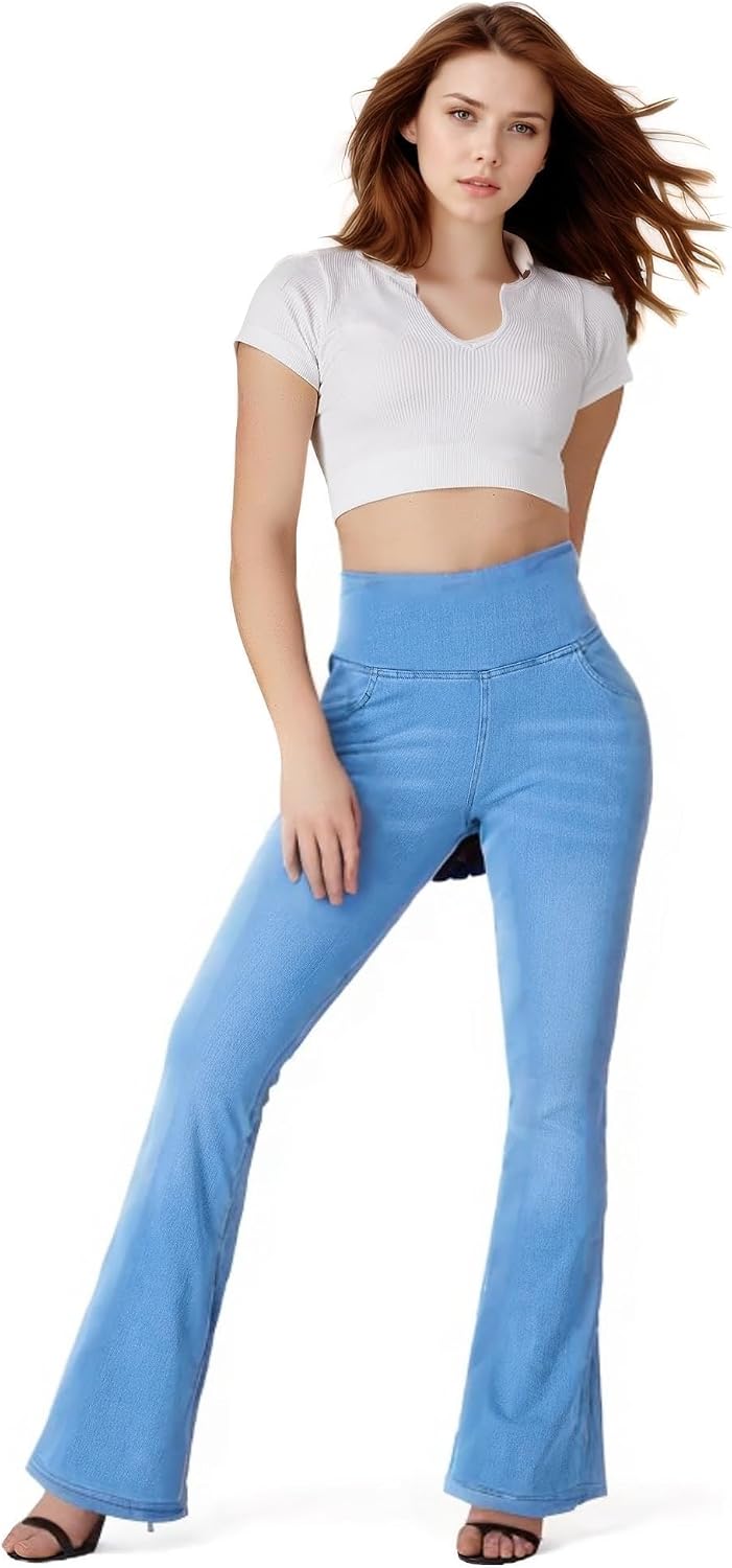 Knit Stetchy Flare Jean for Women Jean Leggings with Pockets High Waisted Pull on Bell Bottom Yoga Pants