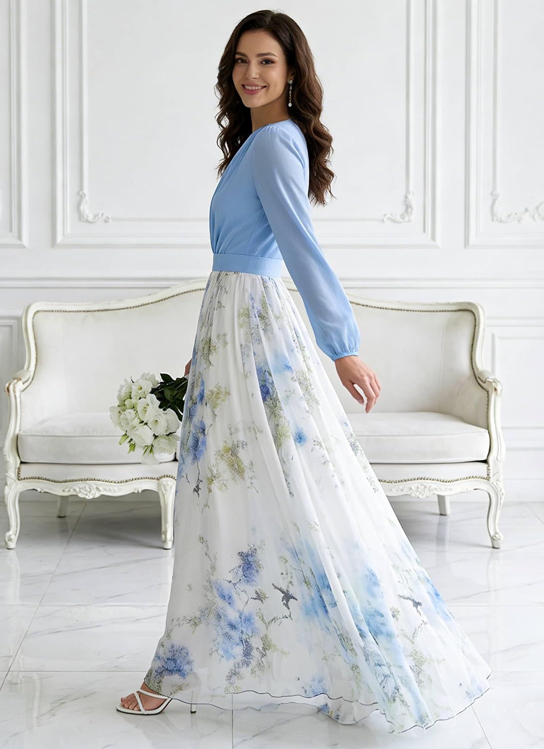 Women's Boho Floral Maxi Dresses Summer Casual Long Sheer Sleeve V Neck A-Line Beach Vacation Dress