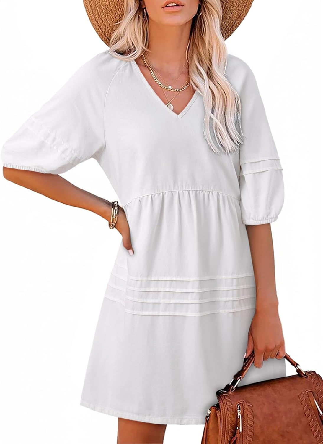 Dress for Women Casual V Neck Puff Short Sleeve Mini Jean Dress Cute Back Tie Summer Dresses