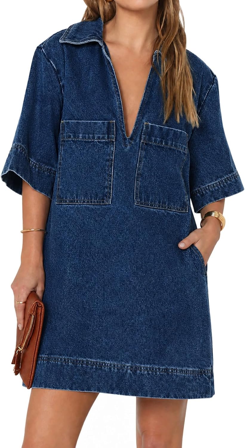 Womens Shirt Dress Summer Collared V Neck Mini Casual Jean Dresses with Pockets