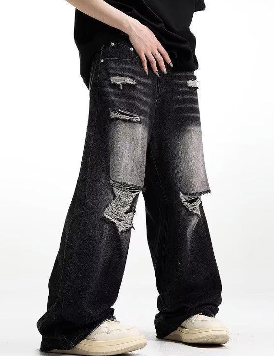 Men Baggy Ripped Jeans Y2k Hip Hop Distressed Jeans Oversized Boyfriend Jeans Wide Leg Pants Y2K Streetwear