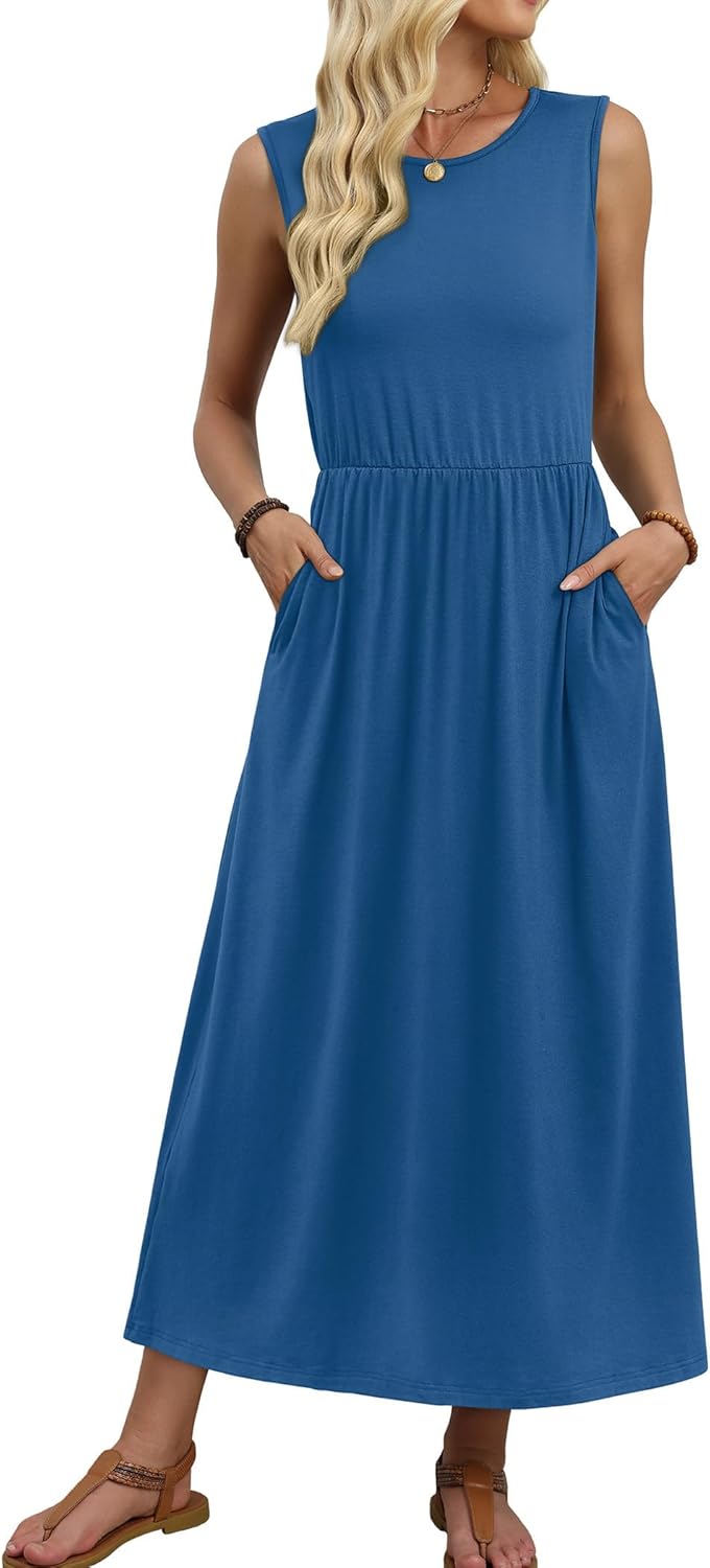 Summer Dresses for Women Maxi Dresses Long Flowy A Line Sleeveless Sundresses with Pockets