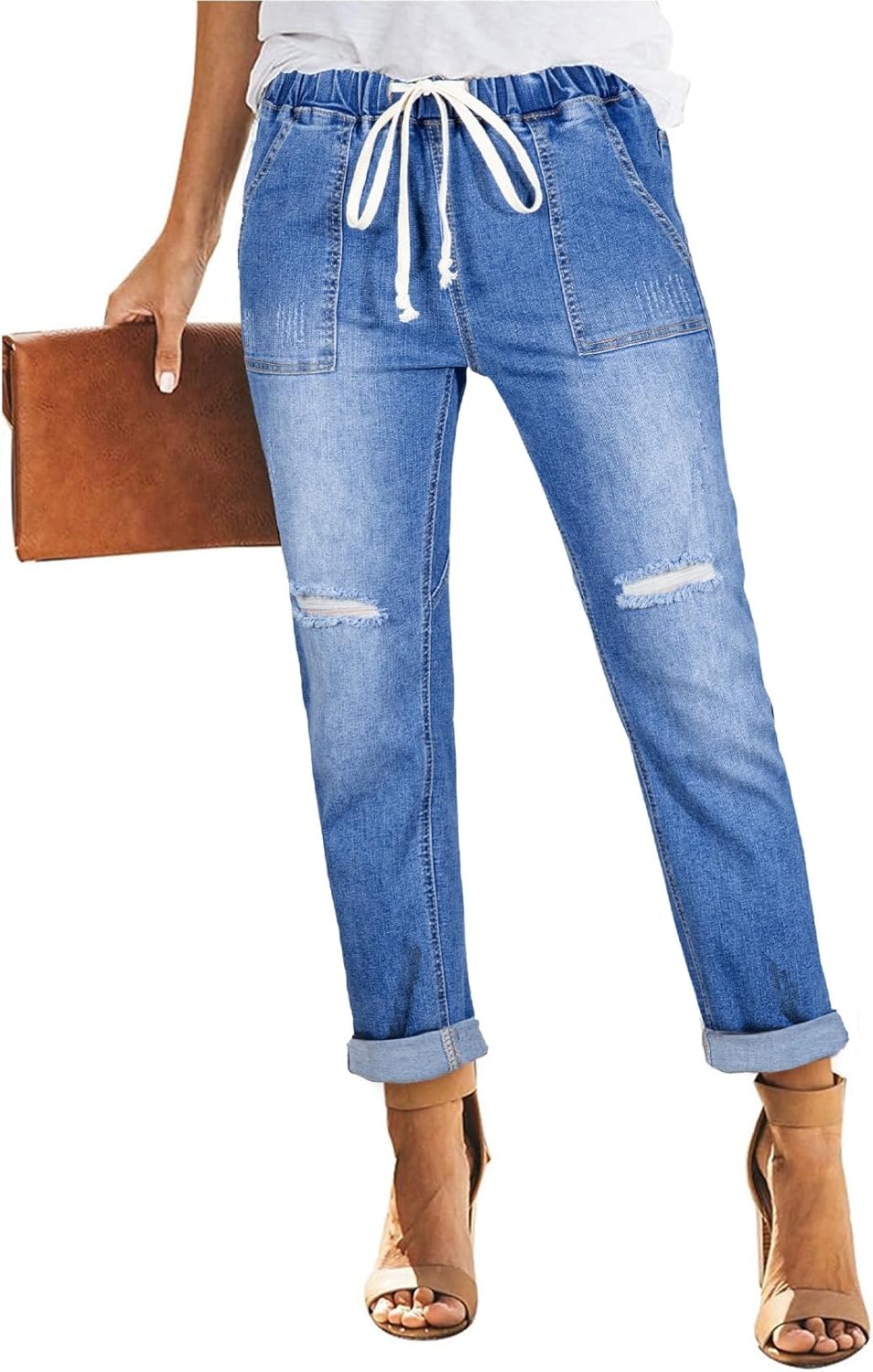 Women's High Waisted Drawstring Jeans Pull On Cargo Joggers Ripped Elastic Waist Pants