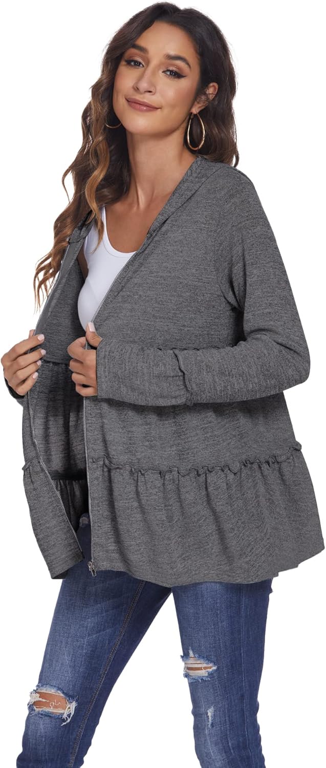 Full Zip Up Hoodie for Women Pleated Tiered Ruffle Hooded Sweatshirts Jacket Coat Long Sleeve
