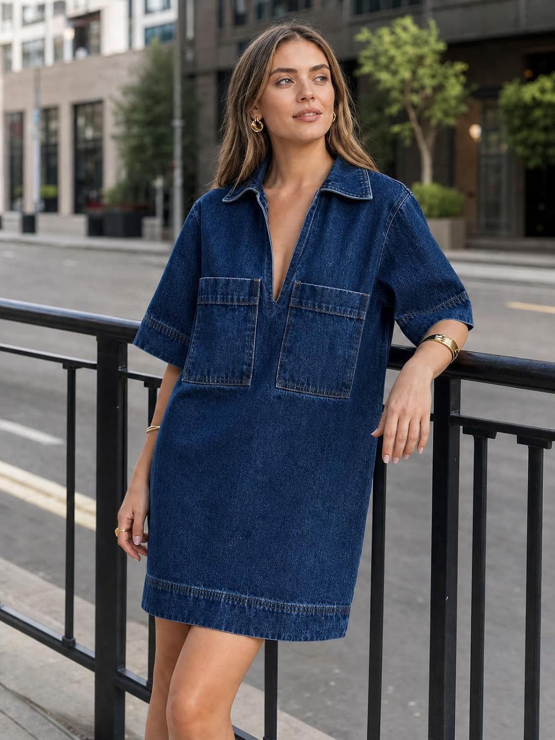Womens Shirt Dress Summer Collared V Neck Mini Casual Jean Dresses with Pockets