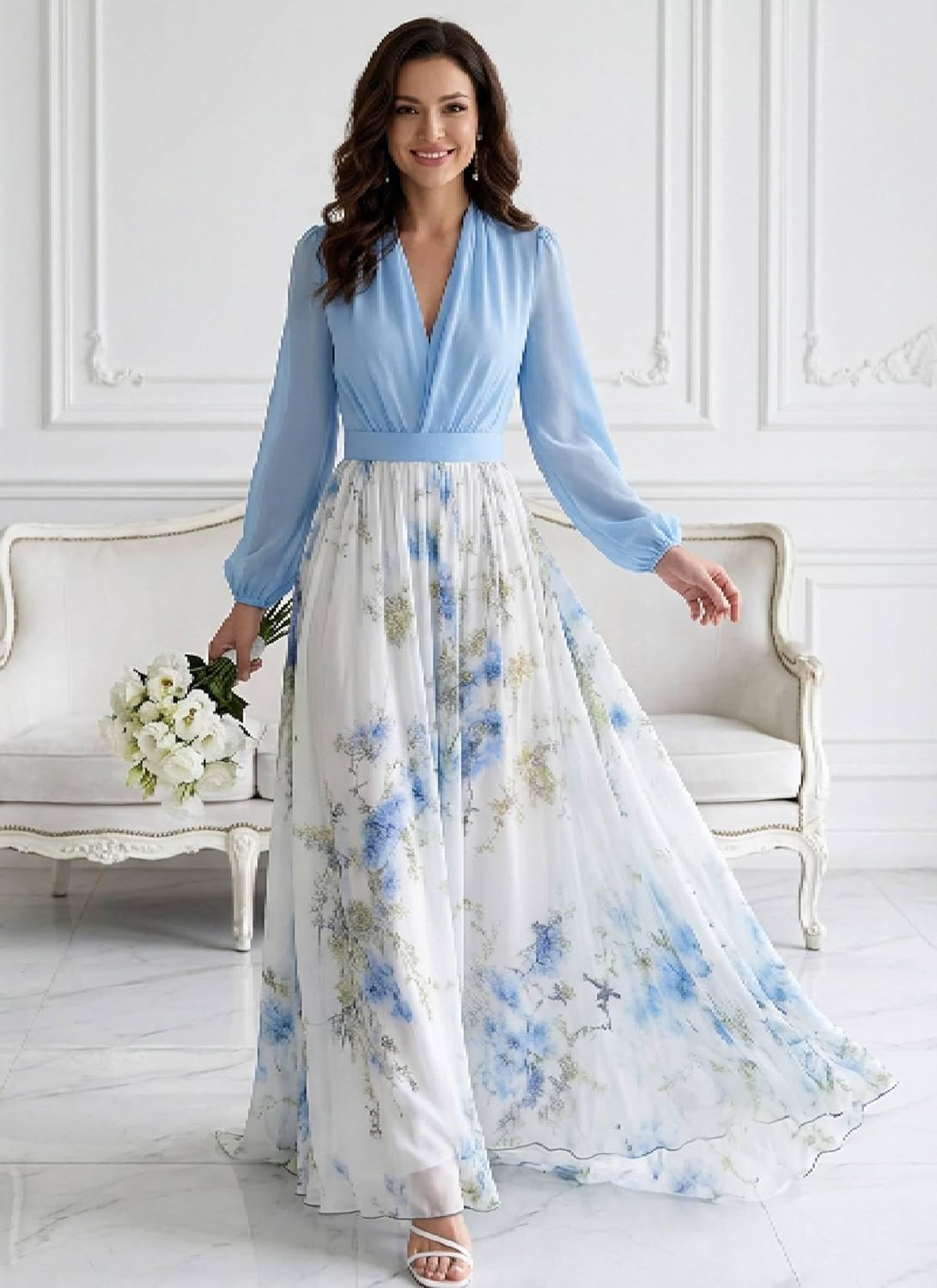 Women's Boho Floral Maxi Dresses Summer Casual Long Sheer Sleeve V Neck A-Line Beach Vacation Dress Women's Boho Floral Maxi Dresses Summer Casual Long Sheer Sleeve V Neck A-Line Beach Vacation Dress