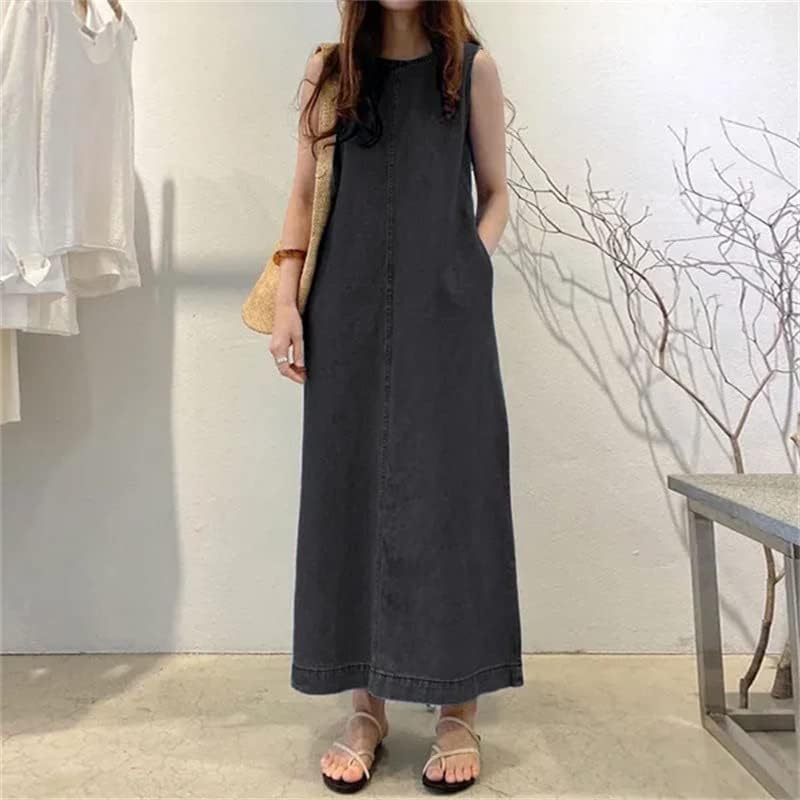 Women's Sleeveless Maxi Demin Dress Summer Crewneck Long Jean Dress Casual Tank Dresses with Pockets