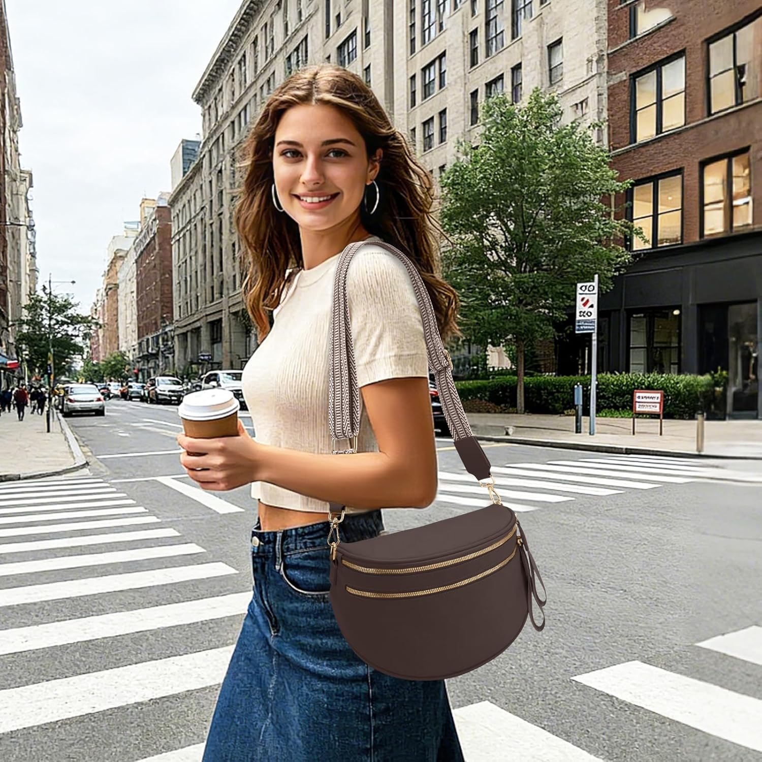 Leather Crossbody Bum Bag for Women Large Sling Purse Fanny Pack
