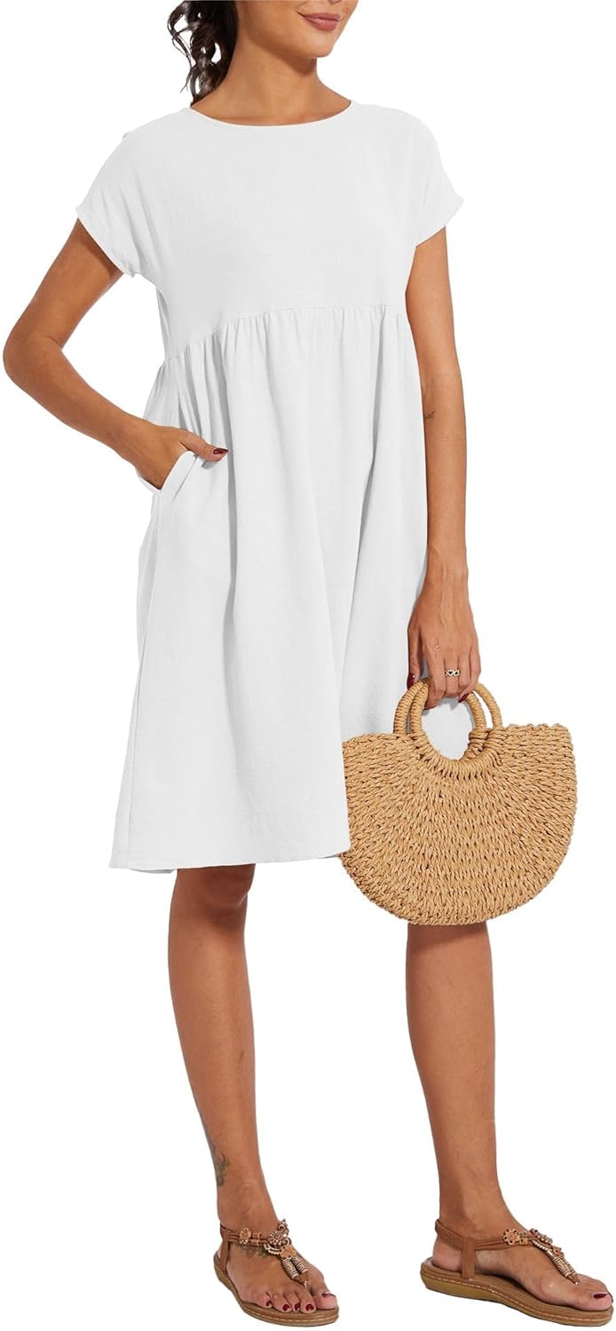 Cotton Dresses for Women Women's Summer Short Sleeve Midi Dress Casual Loose Beach Dress with Pockets