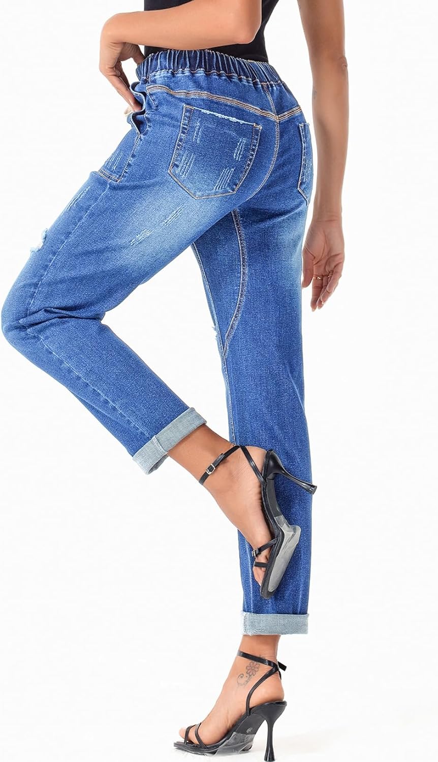 Women's High Waisted Drawstring Jeans Pull On Cargo Joggers Ripped Elastic Waist Pants Women's High Waisted Drawstring Jeans Pull On Cargo Joggers Ripped Elastic Waist Pants