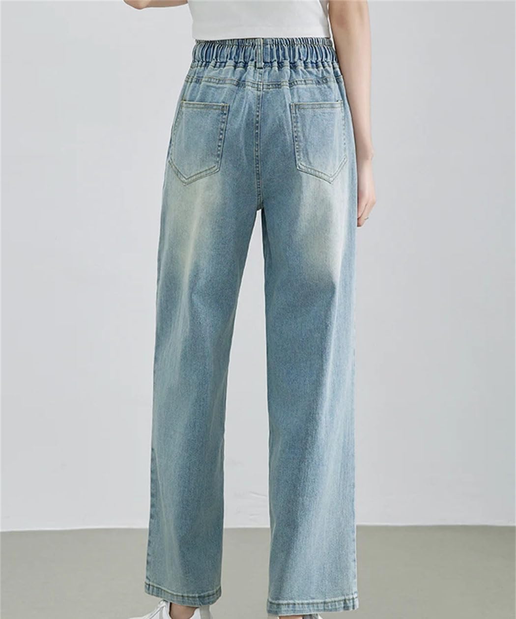 Women Summer High Waist Wide Leg Jeans Elastic Drawstring Pants Streetwear Trousers