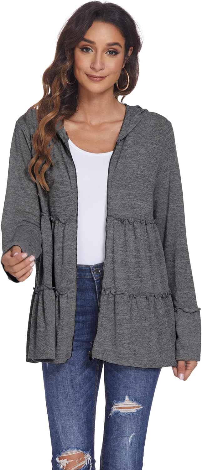 Full Zip Up Hoodie for Women Pleated Tiered Ruffle Hooded Sweatshirts Jacket Coat Long Sleeve
