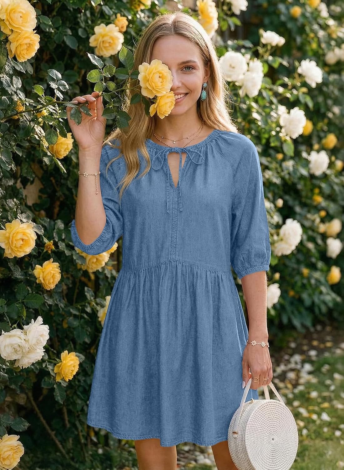 Dress for Women Short Puff Sleeve V Neck Solid Babydoll Jean Dresses Dress for Women Short Puff Sleeve V Neck Solid Babydoll Jean Dresses