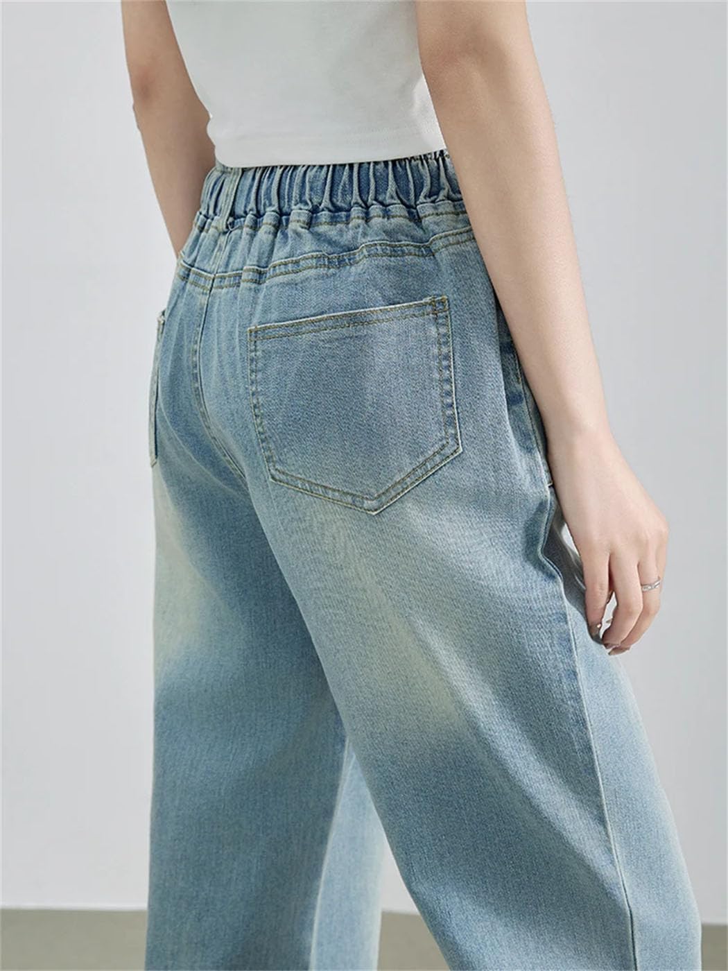 Women Summer High Waist Wide Leg Jeans Elastic Drawstring Pants Streetwear Trousers