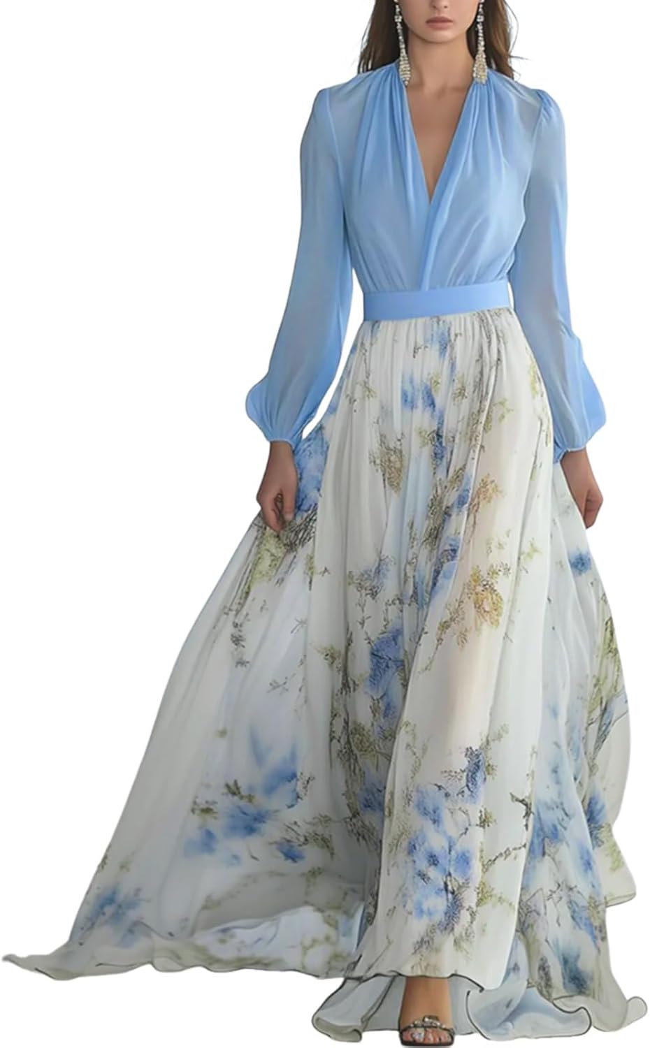 Women's Boho Floral Maxi Dresses Summer Casual Long Sheer Sleeve V Neck A-Line Beach Vacation Dress