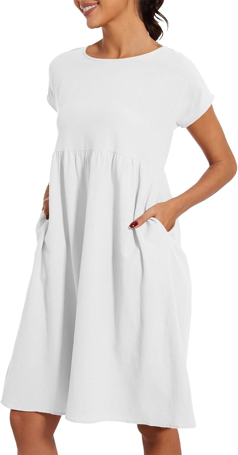Cotton Dresses for Women Women's Summer Short Sleeve Midi Dress Casual Loose Beach Dress with Pockets