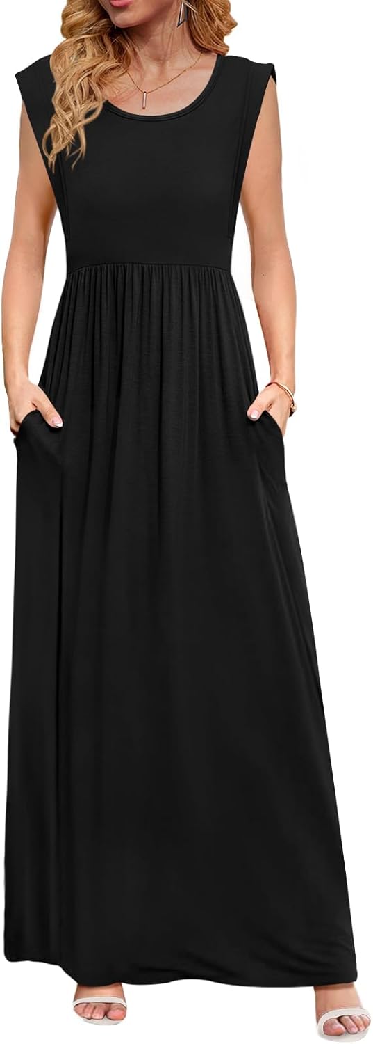 Womens Maxi Dresses Empire Waist Long Summer Dress Casual Cap Short Sleeve Sundress with Pockets