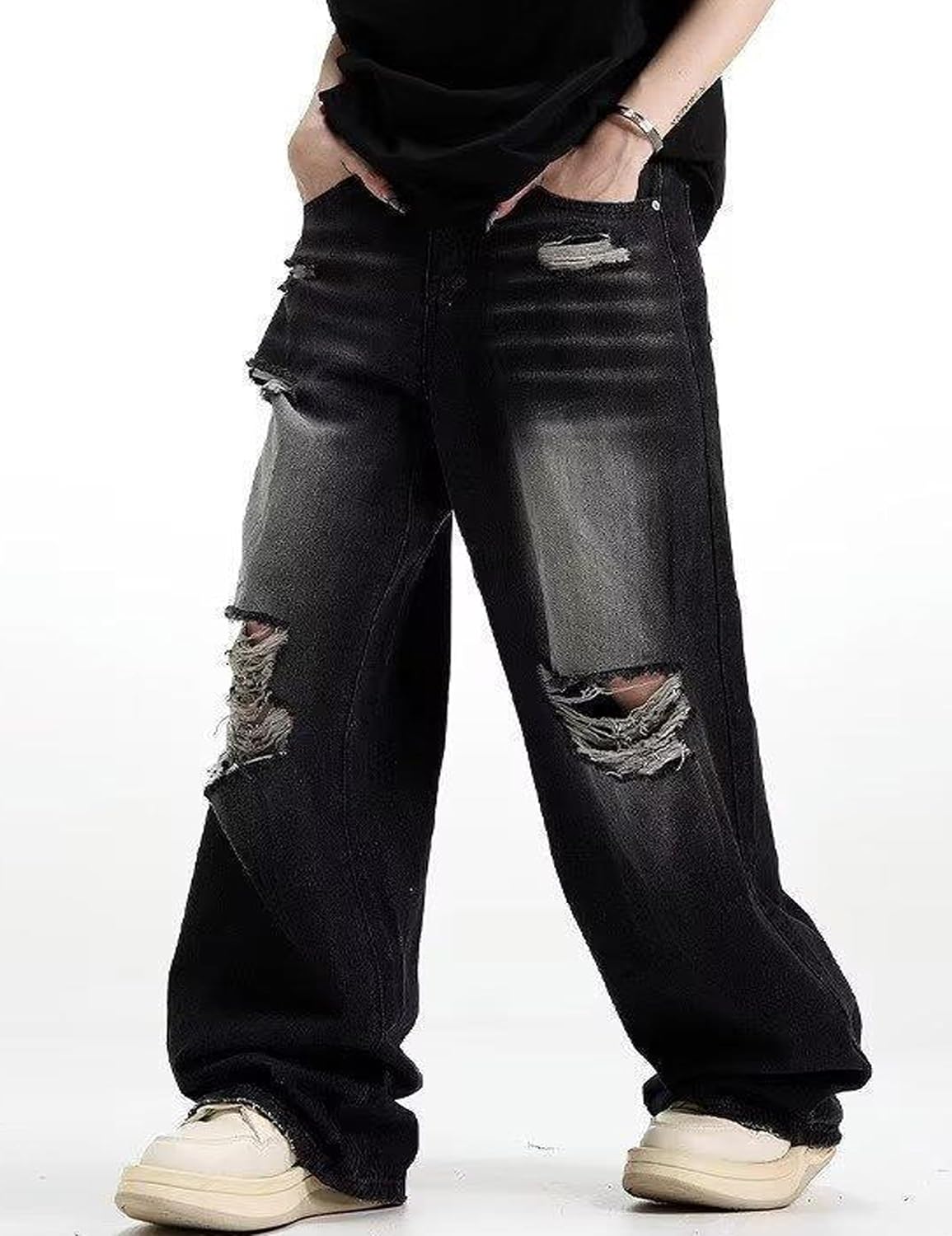 Men Baggy Ripped Jeans Y2k Hip Hop Distressed Jeans Oversized Boyfriend Jeans Wide Leg Pants Y2K Streetwear