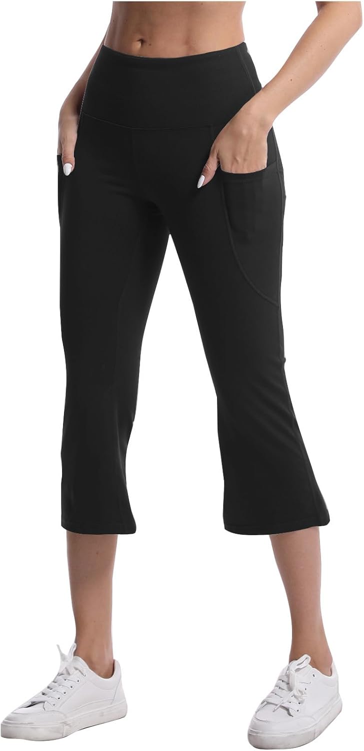 Capri Leggings for Women Tummy Control High Waist Flare Yoga Pant Comfy Athletic Workout Summer Leggings with Pocket