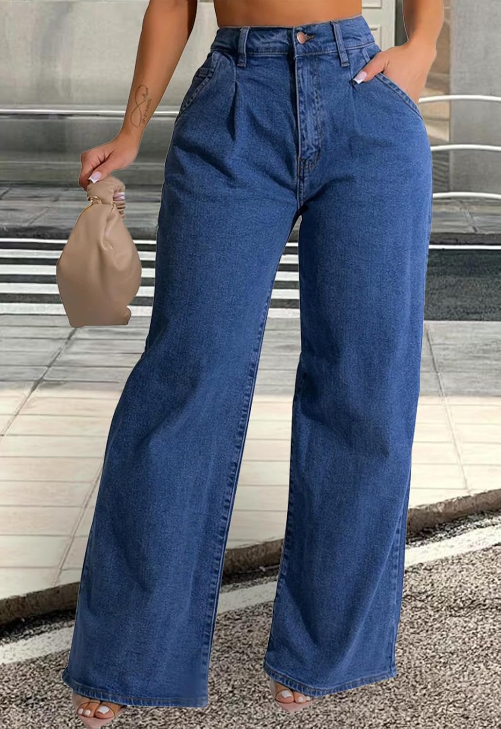 Women's Wide Leg Jeans Casual Stretch High Rise Baggy Loose Pants