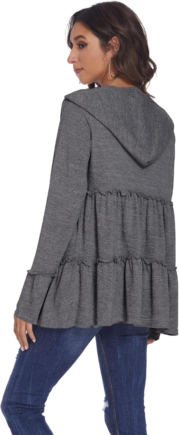 Full Zip Up Hoodie for Women Pleated Tiered Ruffle Hooded Sweatshirts Jacket Coat Long Sleeve