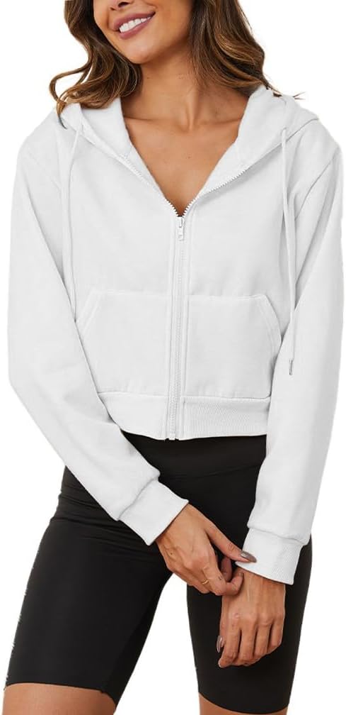 Women Fleece Full Zip Up Cropped Hoodie Sweatshirt 90s Long Sleeve Drawstring Hooded Crop Jacket Top with Pockets Women Fleece Full Zip Up Cropped Hoodie Sweatshirt 90s Long Sleeve Drawstring Hooded Crop Jacket Top with Pockets