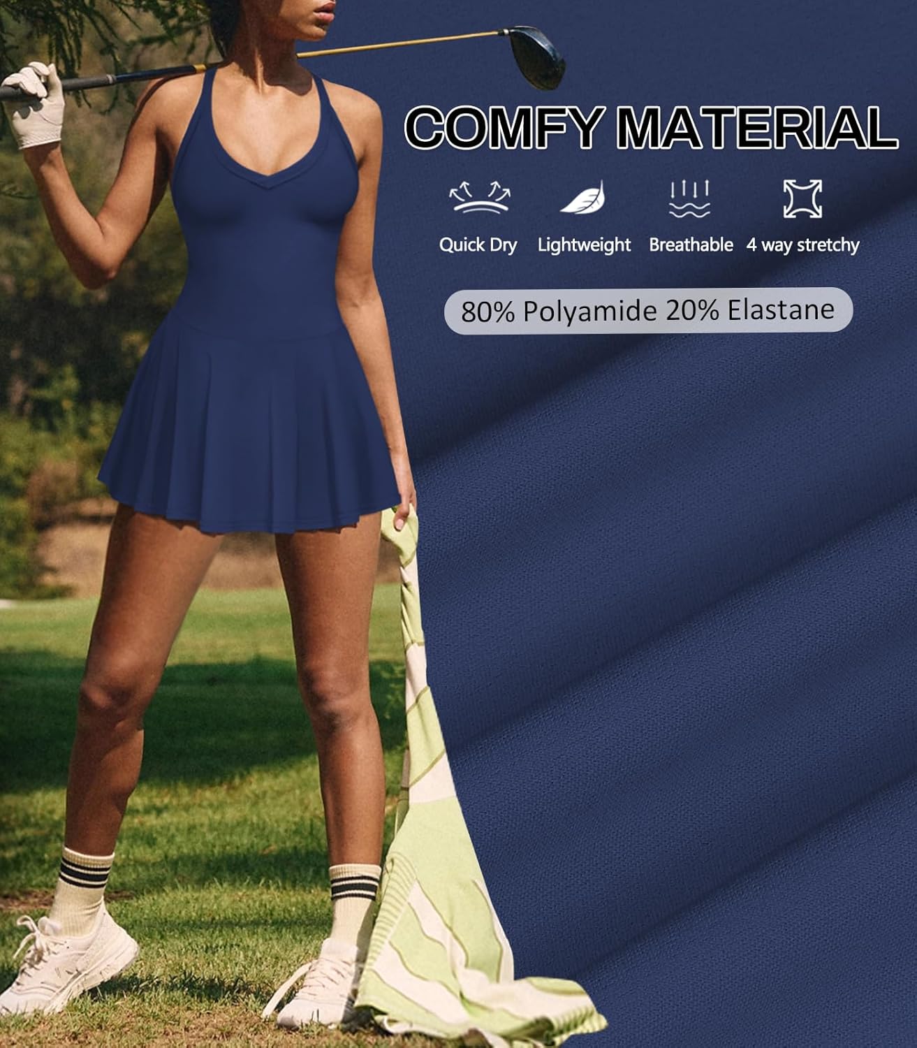 Women's Sexy V Neck Pleated Flowy Tennis Dress for Women Athletic Golf Workout Summer Mini Dresses with Shorts Pockets