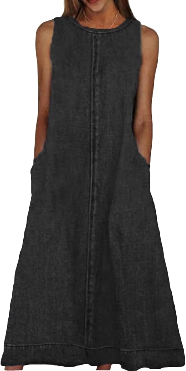 Women's Sleeveless Maxi Demin Dress Summer Crewneck Long Jean Dress Casual Tank Dresses with Pockets