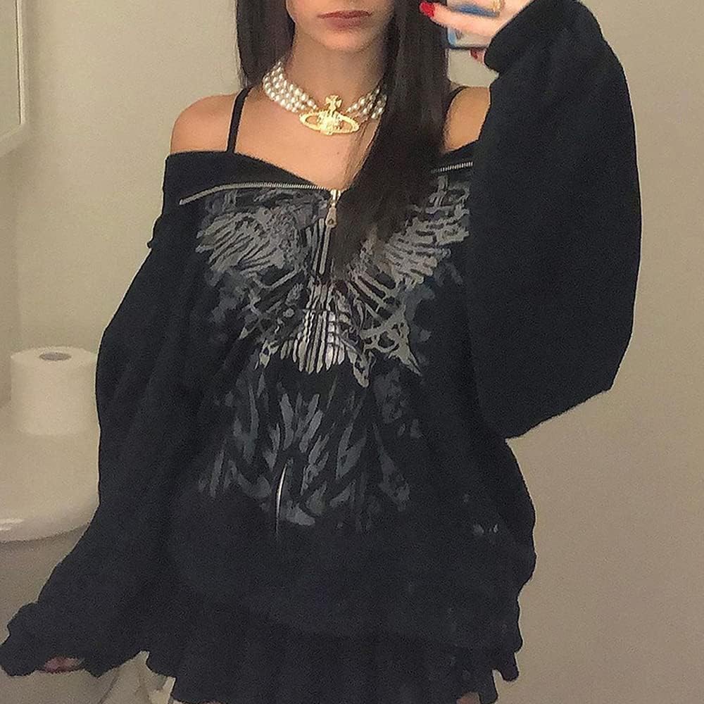 Women Zip Up Hoodie Y2k Vintage Graphic Oversized Hooded Sweatshirt Jacket Pullover Coats Harajuku Streetwear Women Zip Up Hoodie Y2k Vintage Graphic Oversized Hooded Sweatshirt Jacket Pullover Coats Harajuku Streetwear