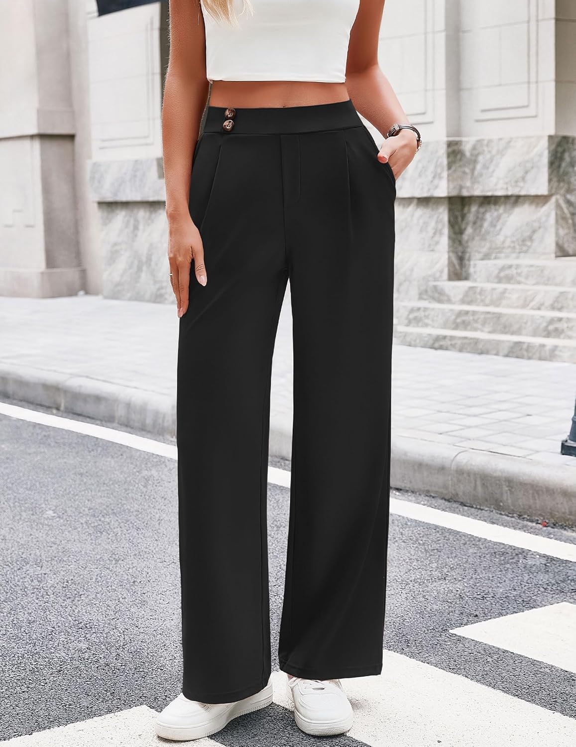 Women's Dress Pants Wide Leg Stretchy Work Trousers High Waisted Pleated Business Casual Pants with Pockets