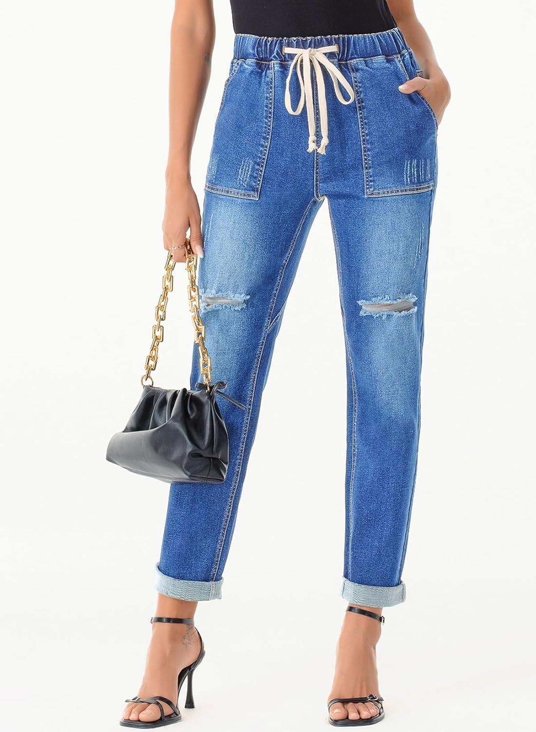 Women's High Waisted Drawstring Jeans Pull On Cargo Joggers Ripped Elastic Waist Pants Women's High Waisted Drawstring Jeans Pull On Cargo Joggers Ripped Elastic Waist Pants