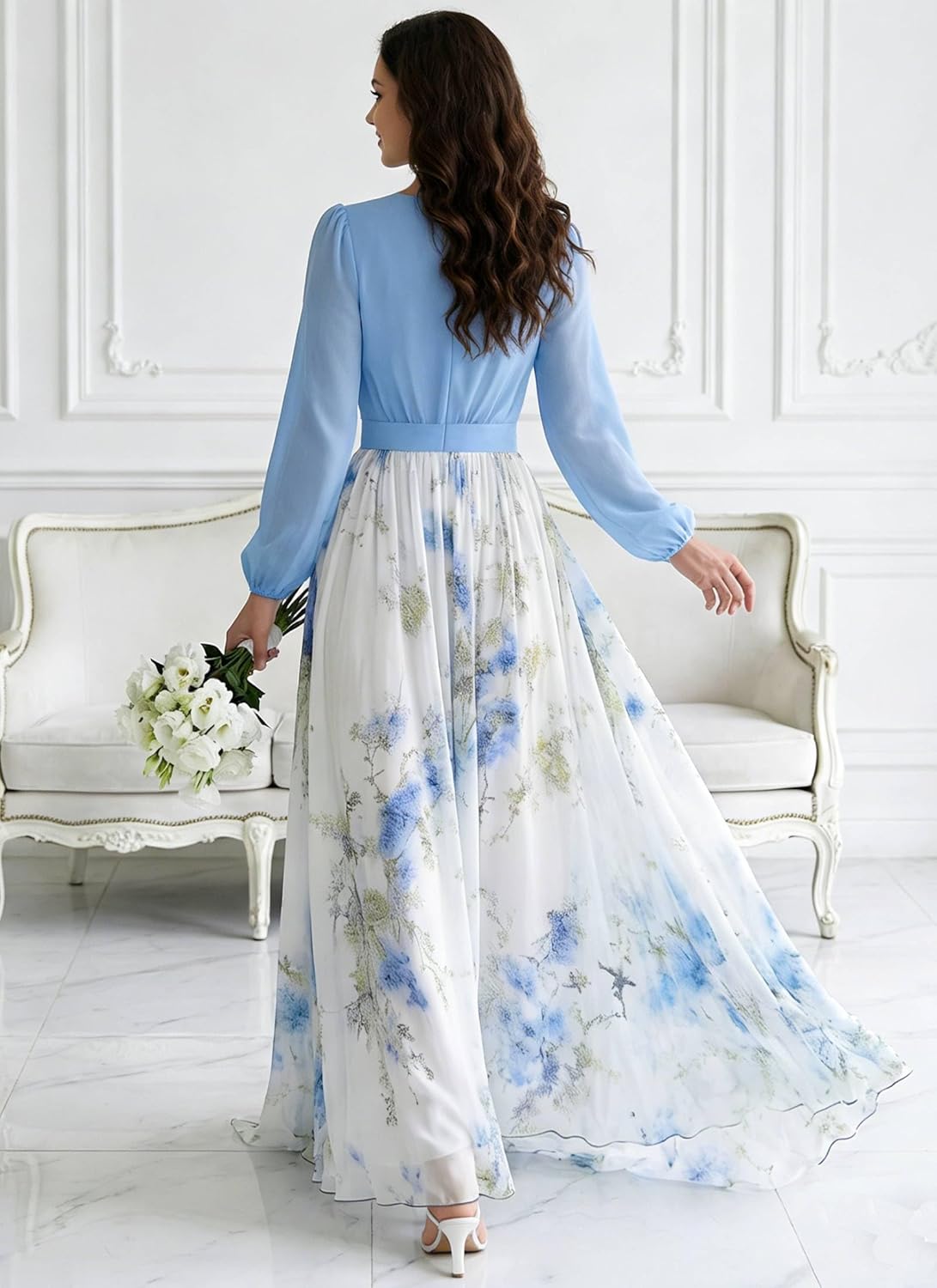 Women's Boho Floral Maxi Dresses Summer Casual Long Sheer Sleeve V Neck A-Line Beach Vacation Dress