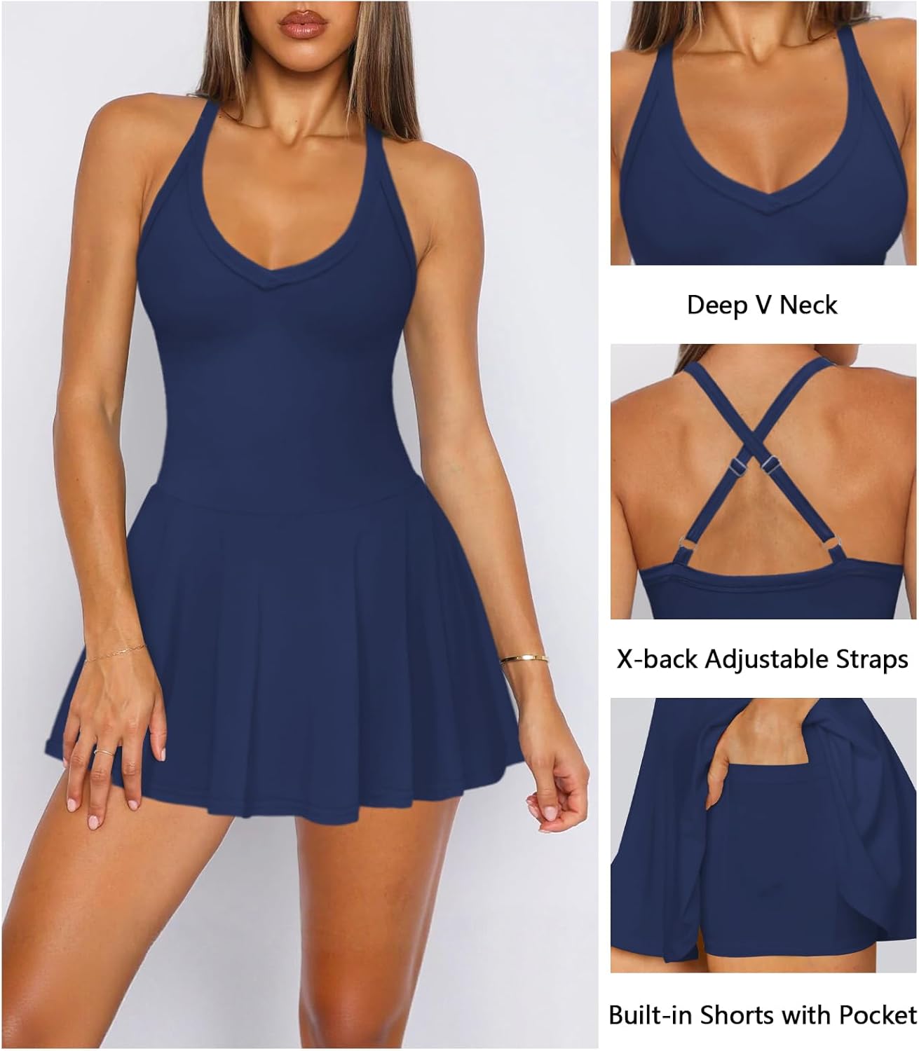 Women's Sexy V Neck Pleated Flowy Tennis Dress for Women Athletic Golf Workout Summer Mini Dresses with Shorts Pockets