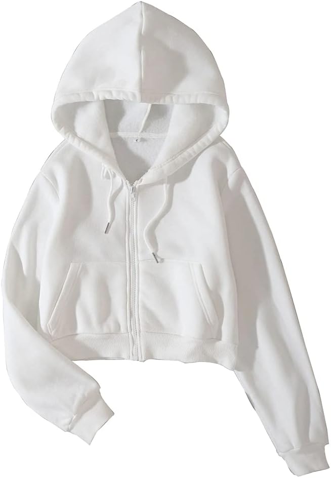 Women Fleece Full Zip Up Cropped Hoodie Sweatshirt 90s Long Sleeve Drawstring Hooded Crop Jacket Top with Pockets