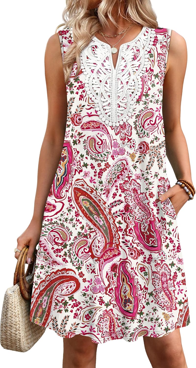 Summer Dresses for Women Casual V Neck Sleeveless Boho Dress with Pockets Spring Fashion Clothing Travel Outfits