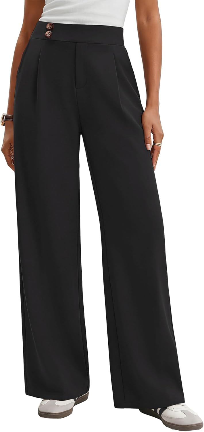 Women's Dress Pants Wide Leg Stretchy Work Trousers High Waisted Pleated Business Casual Pants with Pockets