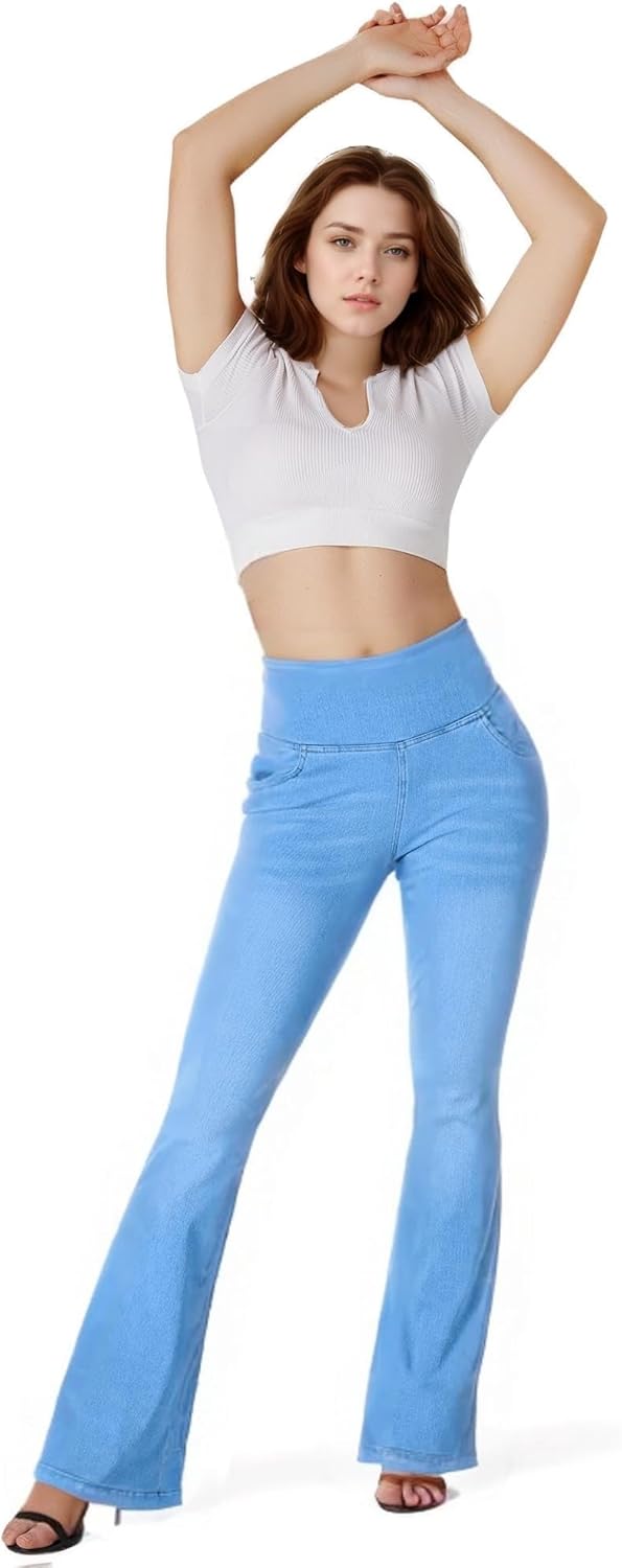 Knit Stetchy Flare Jean for Women Jean Leggings with Pockets High Waisted Pull on Bell Bottom Yoga Pants