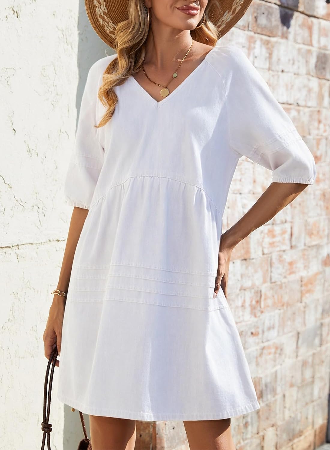 Dress for Women Casual V Neck Puff Short Sleeve Mini Jean Dress Cute Back Tie Summer Dresses