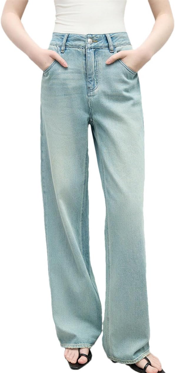 Women Distressed High Waist Straight Jeans Summer Slim Fit Pants Vintage Washed Trousers