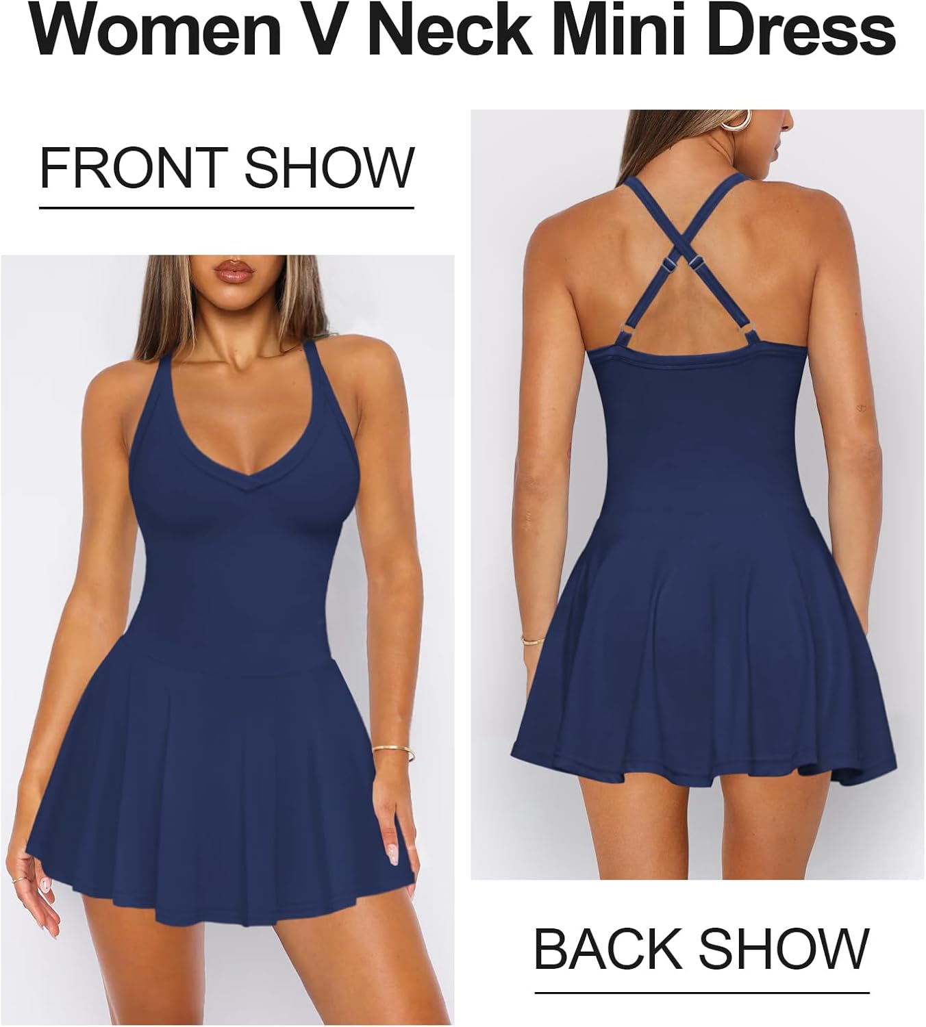 Women's Sexy V Neck Pleated Flowy Tennis Dress for Women Athletic Golf Workout Summer Mini Dresses with Shorts Pockets