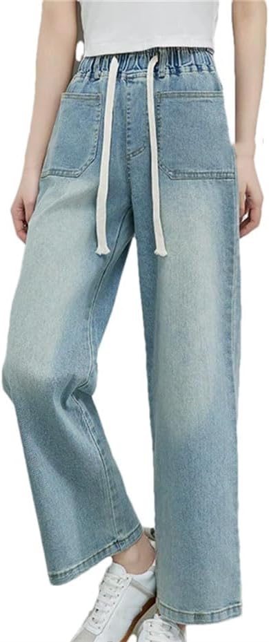 Women Summer High Waist Wide Leg Jeans Elastic Drawstring Pants Streetwear Trousers