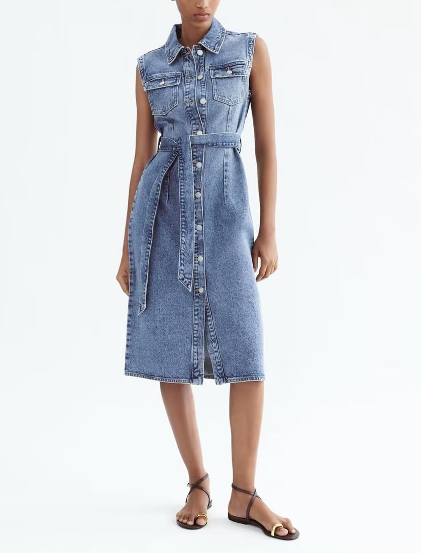 Dress for Women Casual Sleeveless Belted Button Down Midi Jean Dresses for Women Dress for Women Casual Sleeveless Belted Button Down Midi Jean Dresses for Women