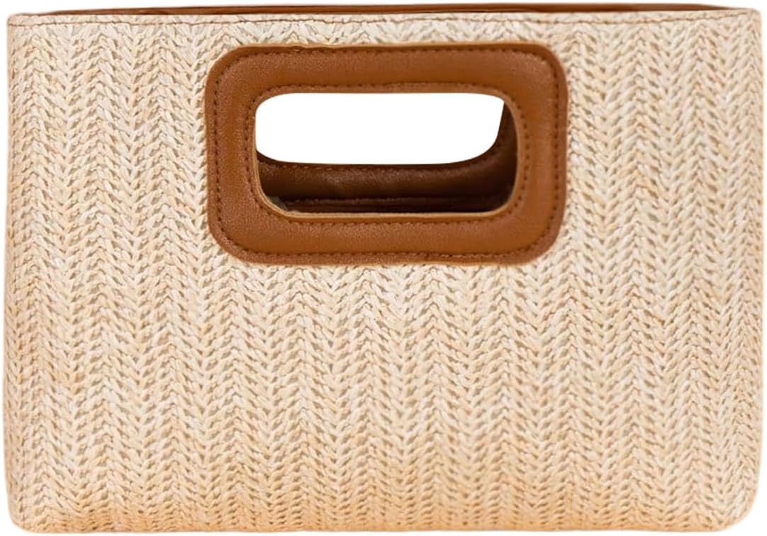 Women's Braided Straw Clutch Boho Woven Purse Top Handle Square Bag Vacation Handbags