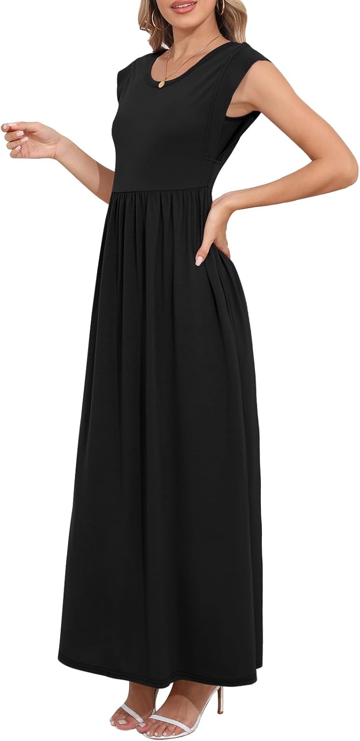 Womens Maxi Dresses Empire Waist Long Summer Dress Casual Cap Short Sleeve Sundress with Pockets