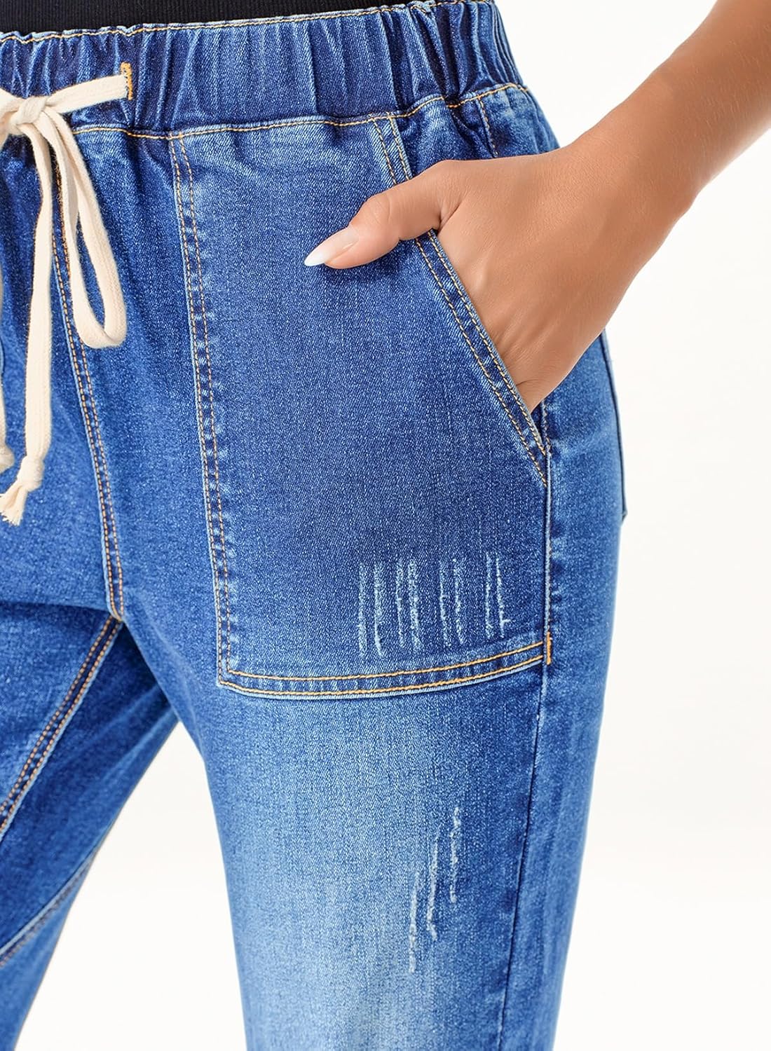 Women's High Waisted Drawstring Jeans Pull On Cargo Joggers Ripped Elastic Waist Pants Women's High Waisted Drawstring Jeans Pull On Cargo Joggers Ripped Elastic Waist Pants